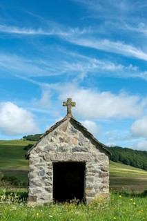 Small chapel in the Cezallier plateau, nestled in the Auvergne Volcanoes Regional Natural Park, Puy