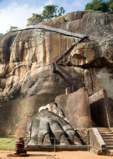 Metal staircase climbing to rock palace fortress, Sigiriya, Central Province, Sri Lanka, Asia