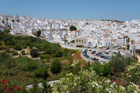View over a hilly landscape with green vegetation and white houses in the background, New Town,
