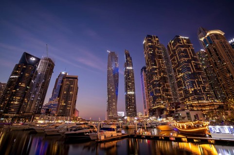Night shot, Marina, Skyline, Cayan Tower, DAMAC Heights, Logo, Dubai Marina, Dubai, United Arab