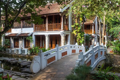 Tropical hotel with small bridge in Vietnam