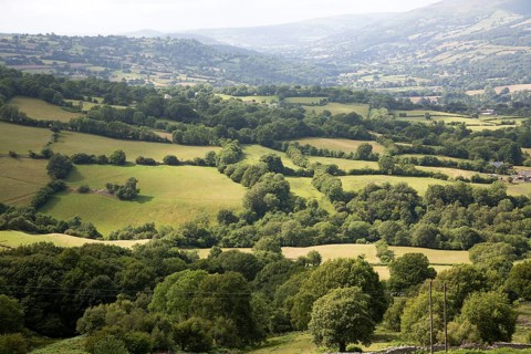 Usk valley landscape looking west from B4246 road, near Abergavenny, Monmouthshire, Wales, UK