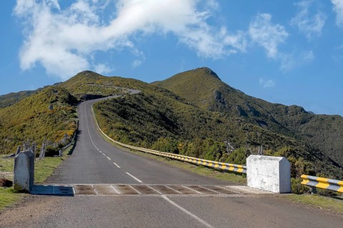 Road on the Paul da Serra plateau, a cattle grid in the foreground, Madeira, Portugal, Europe