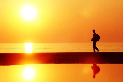 Young man, Silhouette, Hike by the sea, Sunset, Holiday, Leisure, Free, Peaceful, Sun, MR:Yes,