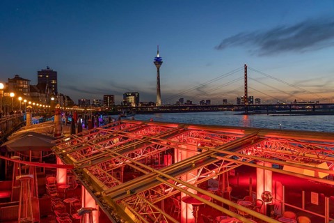 Gastronomy, Evening on the banks of the Rhine in Düsseldorf, Rhine knee bridge, Skyline of