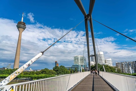 Pedestrian bridge over the Media Harbour, harbour entrance, Rhine near Düsseldorf, Rhineland, North