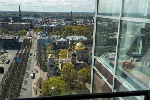 View from the glass lift of the Raddisson Blue Hotel of the Cathedral of the Nativity of Christ,