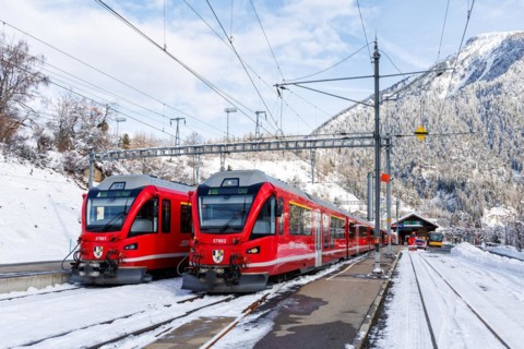 Rhaetian Railway trains on the Albula railway Stadler Rail passenger train at Filisur station,