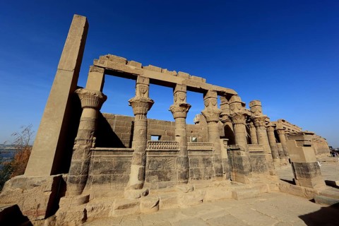 Temple of Isis, Temple of Philae on the island of Agilkia, columns, Temple of Isis, part of the