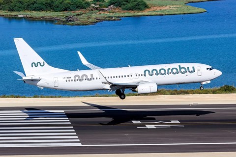 A Marabou Stork Boeing 737-800 aircraft with the registration LY-MGM at Corfu Airport, Greece,