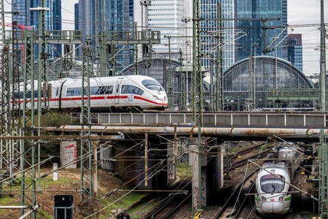 ICE train on the track in front of the main station of Frankfurt am Main, Skyline, Hesse, Germany,