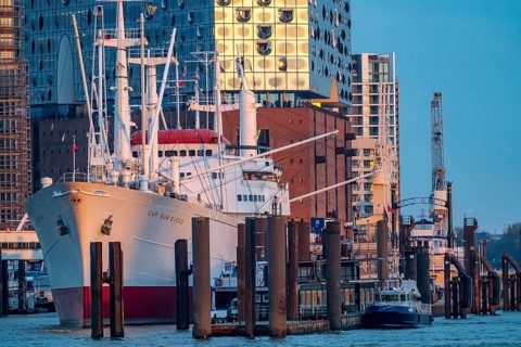 Port of Hamburg, museum ship Cap San Diego at the St. Pauli Landungsbrücken, Elbe Philharmonic