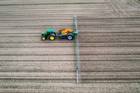 Farmer working a field, crop protection agent being sprayed, field with young sugar beet plants,