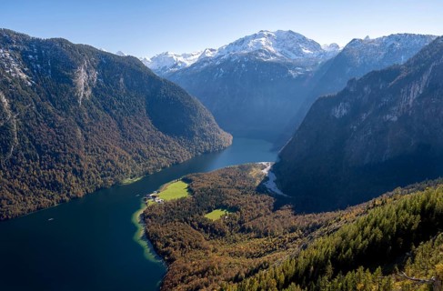 View of the Königssee with St. Bartholomä church, from the Rinnkendlsteig mountain hiking trail,