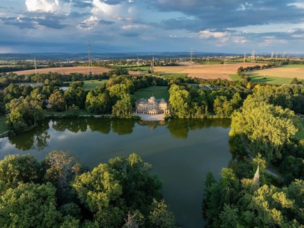 Monrepos Palace, Palace Park, Lake Eglosheim, aerial view, Ludwigsburg, Baden-Württemberg, Germany,