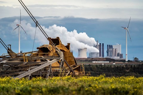 Lignite opencast mine Garzweiler II, bucket wheel excavator dredging, at the edge of the opencast