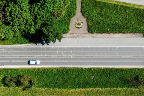 Drone photo of an accident scene. Traces of an accident on the B28 motorway near Dettingen an der