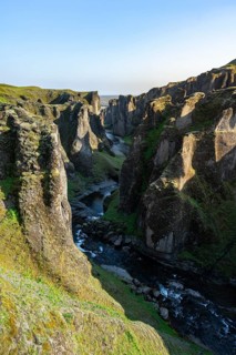 Fjaðrárgljúfur Canyon, Fjadrargljufur, rock formations in rugged deep canyon with river in the