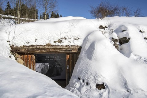 Replica of prehistoric cave at the Nationalparkzentrums Falkenstein in Ludwigsthal in winter,