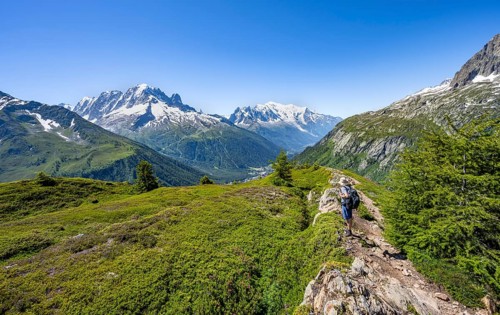 Mountaineer in front of a mountain panorama with glaciated mountain peaks, Aiguille Verte with