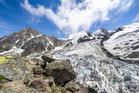 High alpine glaciated mountain landscape, La Jonction, Glacier des Bossons meets Glacier de