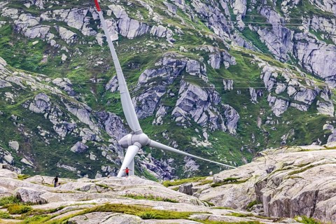 Gotthard Pass. Pass summit with wind turbine, wind power plant. Airolo, Canton Ticino, Switzerland,