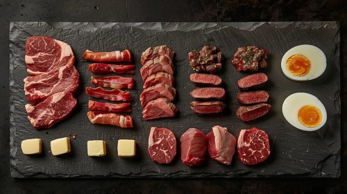 All meat, fish and eggs platter overhead. generative AI, AI generated