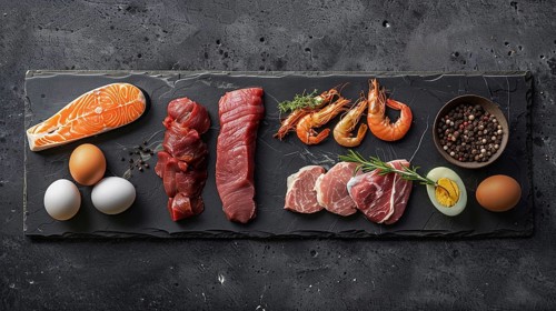 All meat, fish and eggs platter overhead. generative AI, AI generated