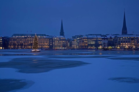 Germany, Hamburg, City, Inner Alster Lake, evening light, blue hour, Ballindamm, Christmas tree on