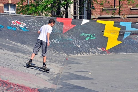 Boy with waveboard, skateboard track, Brussels, Belgium, Europe