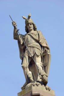 Statue of the town's patron saint St George on the market fountain, Bensheim, Hessische