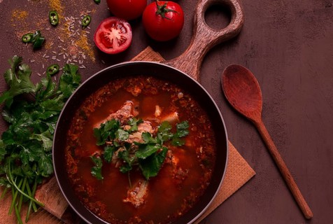 Kharcho soup, traditional Georgian dish, spicy soup, red, homemade, no people