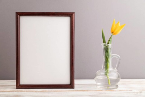 Wooden frame with orange tulip flower in glass on gray pastel background. side view, copy space,