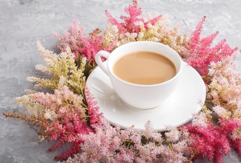 Pink and red astilbe flowers and a cup of coffee on a gray concrete background. Morninig, spring,