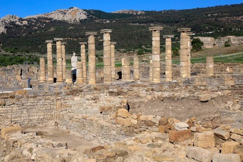 Statue of Emperor Trajan in the forum, Baelo Claudia Roman site, Cadiz Province, Spain, Europe