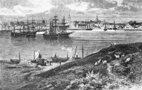 Town view of Klaipeda or Memel with harbour, Baltic Sea, Lithuania, two-master, shipping, churches,