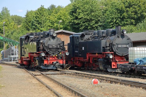 Two steam locomotives of the Fichtelberg railway, steam locomotive, railway station, Cranzahl,
