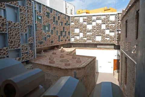 Abstract patterned wall in ceramic tile museum, Centro Ceramica, Triana, Seville, Spain, Europe