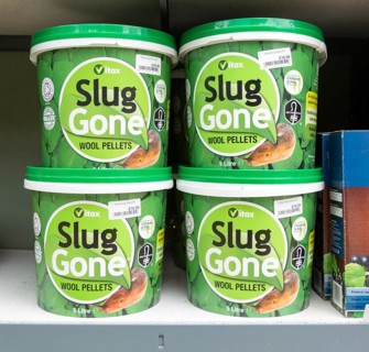 Slug Gone wool pellets on sale, The Walled garden plant nursery, Benhall, Suffolk, England, UK