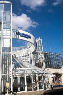Modern glass and steel architecture of the Buttermarket shopping centre in the town centre of