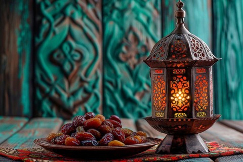 Ramadan lantern with a plate of succulent figs, set on an ornate table with intricate designs,