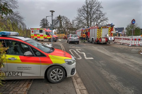 Emergency doctor and fire brigade response to a construction site accident, Bavaria, Germany,