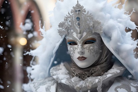 A person adorned in a richly detailed and colorful carnival costume, complete with an elaborate