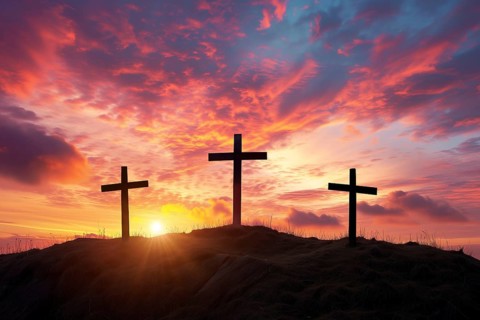 Easter concept three crosses on Golgotha Calvary hill against a dramatic sunset, AI generated
