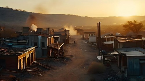 Deserted mining town nature reclaiming architecture, AI generated