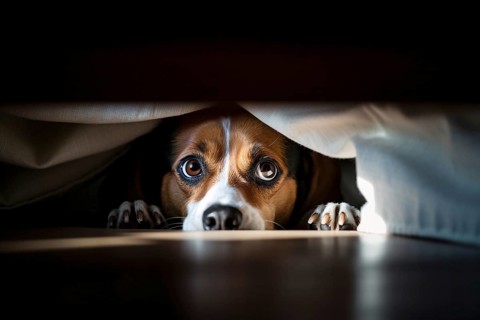 Scared dog hiding under bed. KI generiert, generiert AI generated