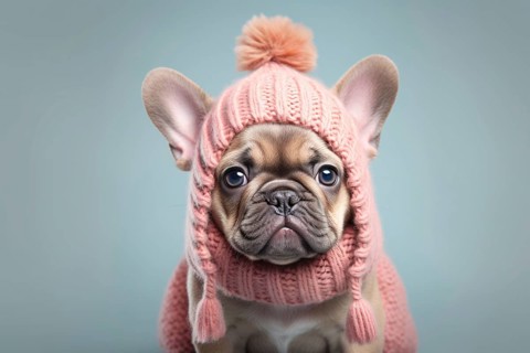 Cute French Bulldog dog with pink knitted hat and scarf in fron tof blue background. KI generiert,