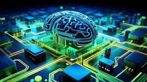 Human brain intricately interlinked with the circuits of a computer board symbolizing artificial