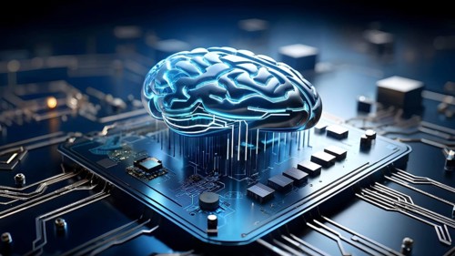 Human brain intricately interlinked with the circuits of a computer board symbolizing artificial