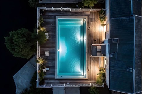 AI generated aerial view perpendicular top down of an wooden deck with a swimming pool at night